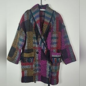 VTG Gallery 100% Pure Wool Plaid Fringe Coat XS Oversized Boho Western Blanket